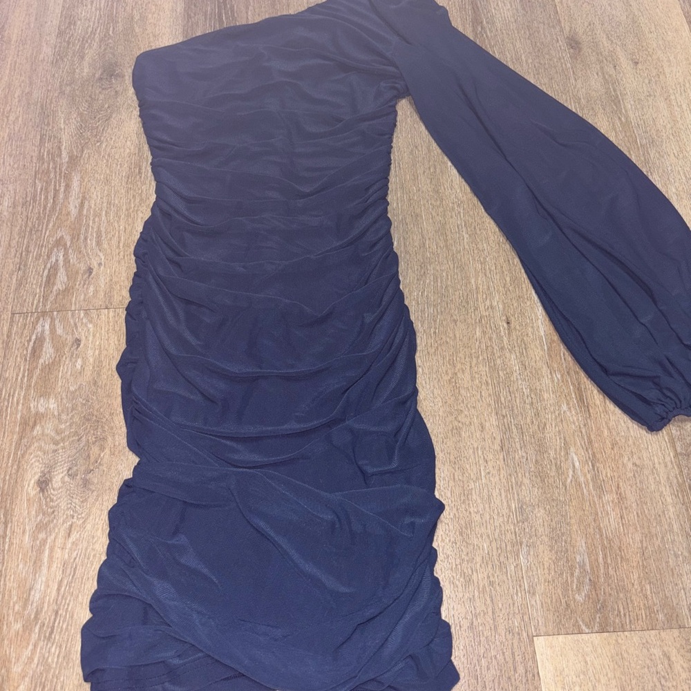 Blue Pleated One Shoulder Bodycon Dress